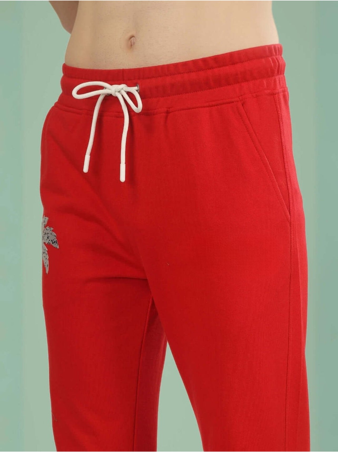 Genz-classic Men's Cotton Straight Fit Track Pants with Palm Tree Graphic & Snap Button Hem | Casual Lounge Wear | Red