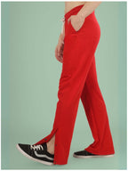 Genz-classic Men's Cotton Straight Fit Track Pants with Palm Tree Graphic & Snap Button Hem | Casual Lounge Wear | Red