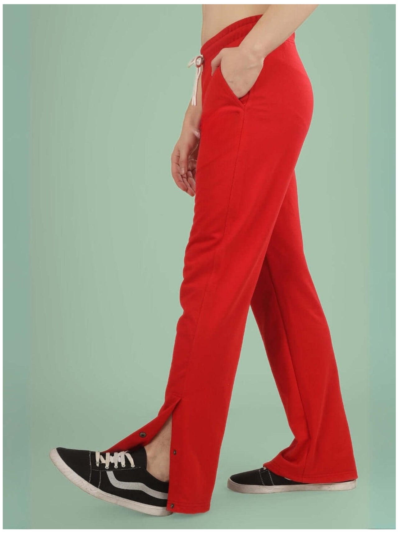 Genz-classic Men's Cotton Straight Fit Track Pants with Palm Tree Graphic & Snap Button Hem | Casual Lounge Wear | Red