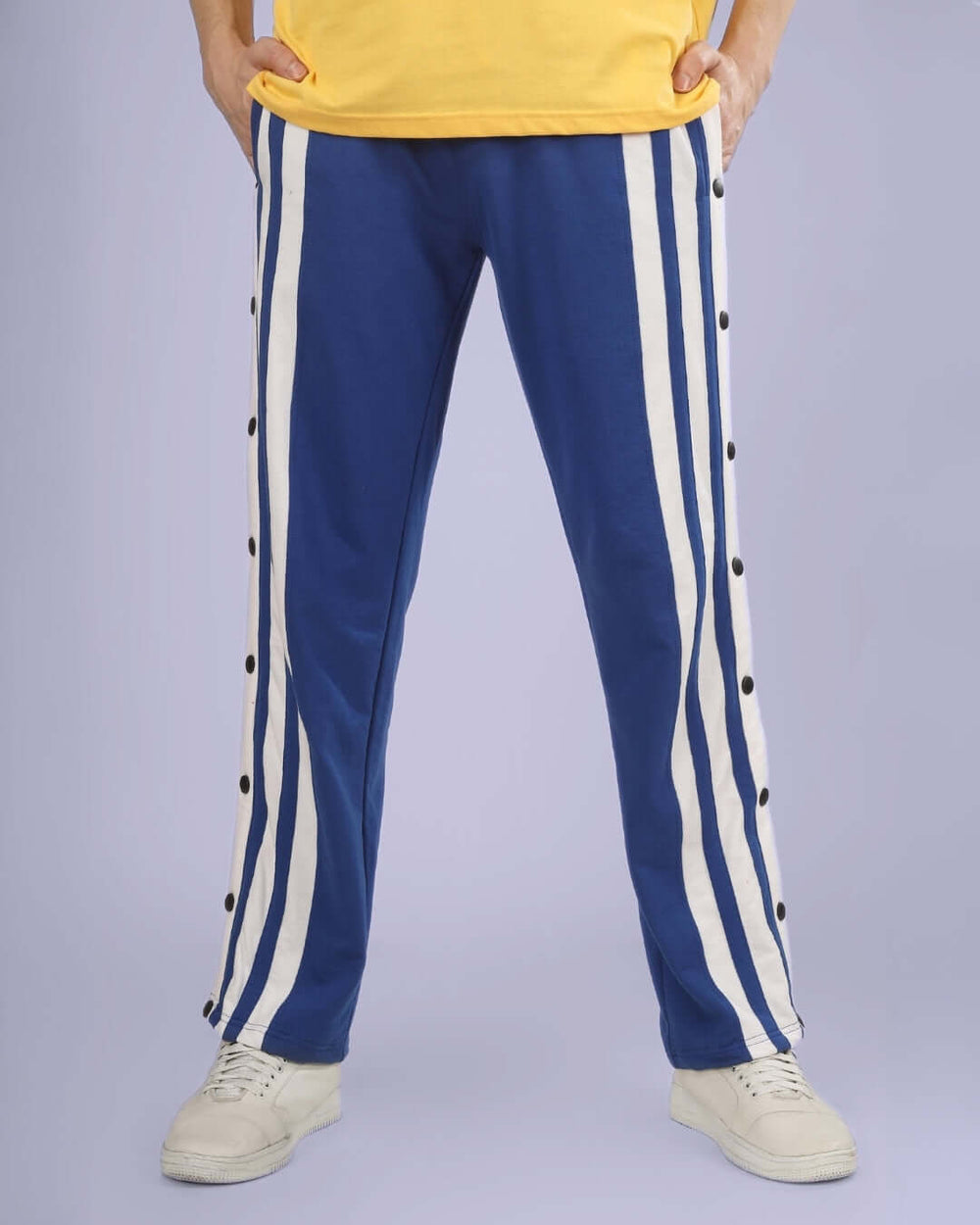Genz-classic Men's Cotton Snap Button Track Pants | Blue & White Side Stripe | Relaxed Fit | Casual Streetwear