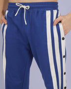 Genz-classic Men's Cotton Snap Button Track Pants | Blue & White Side Stripe | Relaxed Fit | Casual Streetwear