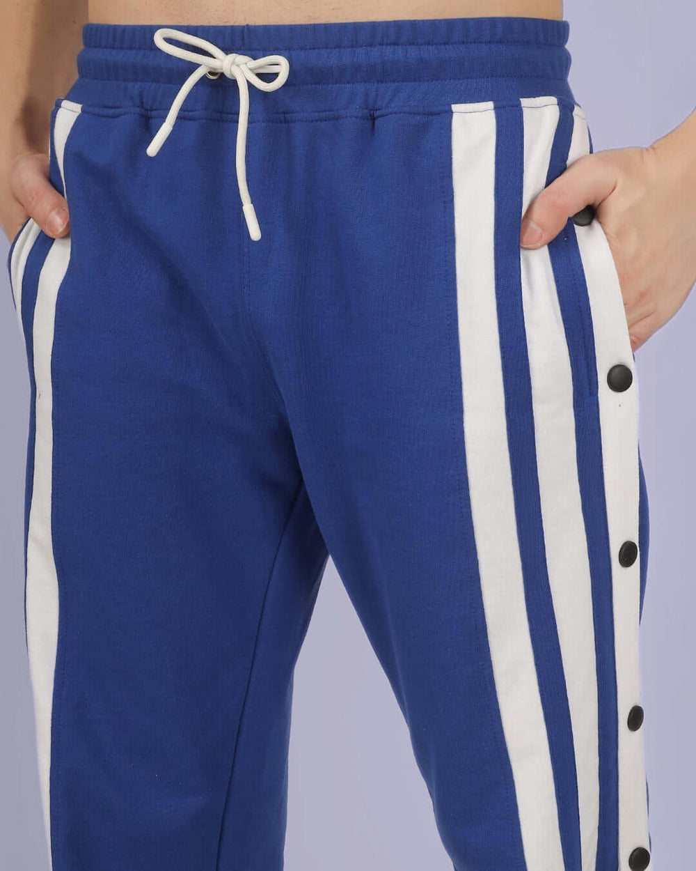 Genz-classic Men's Cotton Snap Button Track Pants | Blue & White Side Stripe | Relaxed Fit | Casual Streetwear