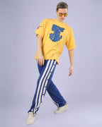 Genz-classic Men's Cotton Snap Button Track Pants | Blue & White Side Stripe | Relaxed Fit | Casual Streetwear