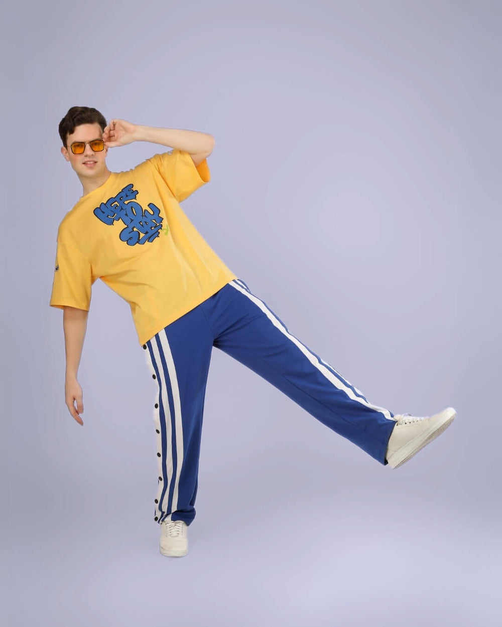 Genz-classic Men's Cotton Snap Button Track Pants | Blue & White Side Stripe | Relaxed Fit | Casual Streetwear