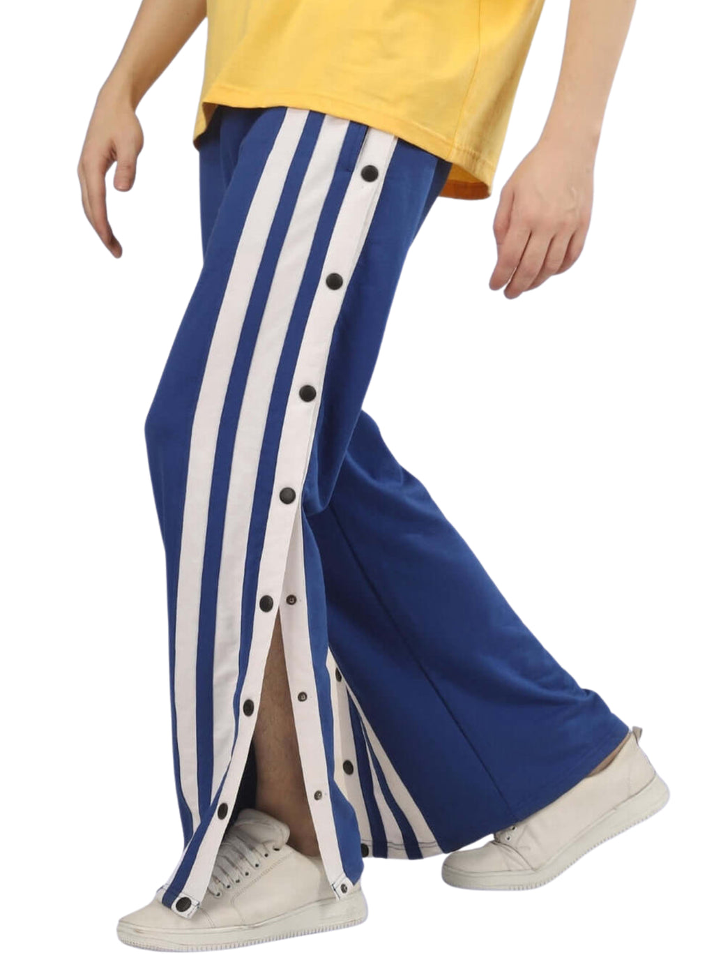 Genz-classic Men's Cotton Snap Button Track Pants | Blue & White Side Stripe | Relaxed Fit | Casual Streetwear