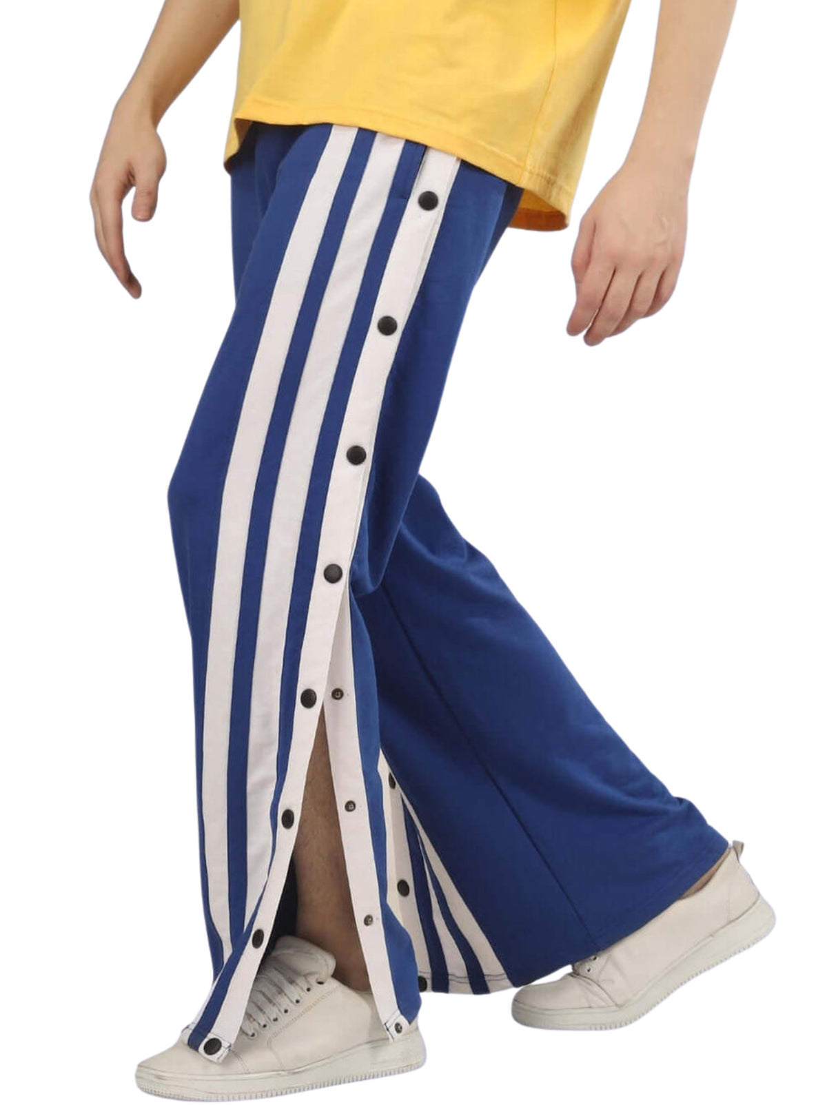 Genz-classic Men's Cotton Snap Button Track Pants | Blue & White Side Stripe | Relaxed Fit | Casual Streetwear