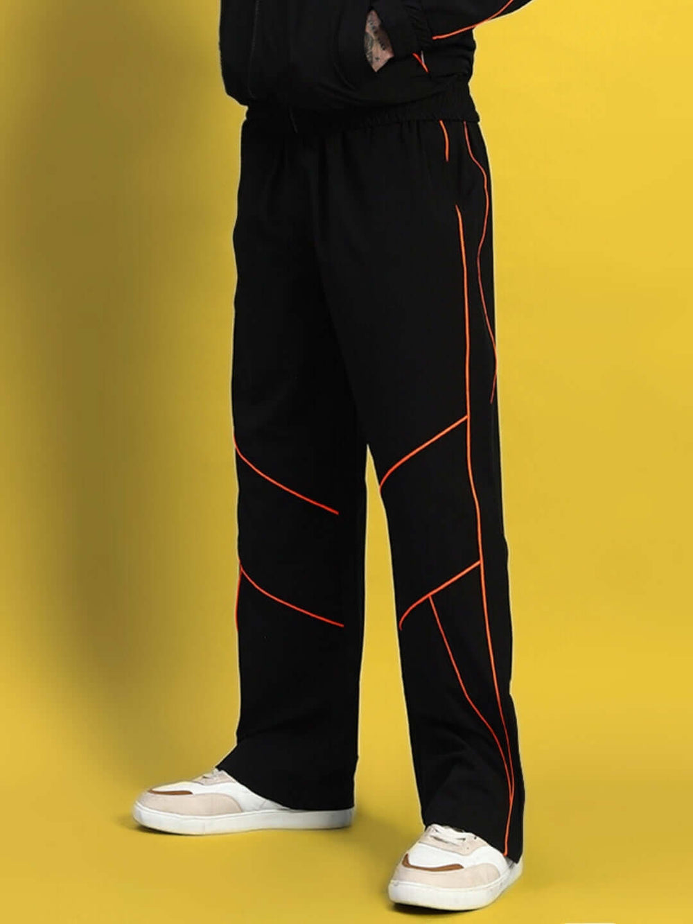 Genz-classic Men's Cotton Straight Fit Track Pants with Contrast Panel Stitch Design | Casual Streetwear | Black