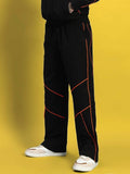 Genz-classic Men's Cotton Straight Fit Track Pants with Contrast Panel Stitch Design | Casual Streetwear | Black