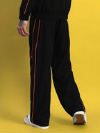 Genz-classic Men's Cotton Straight Fit Track Pants with Contrast Panel Stitch Design | Casual Streetwear | Black