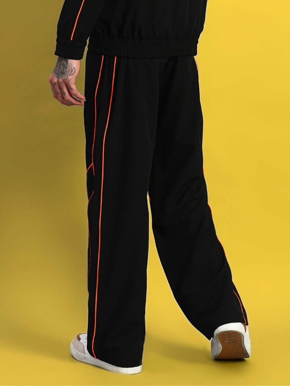 Genz-classic Men's Cotton Straight Fit Track Pants with Contrast Panel Stitch Design | Casual Streetwear | Black