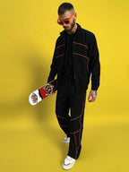 Genz-classic Men's Cotton Straight Fit Track Pants with Contrast Panel Stitch Design | Casual Streetwear | Black