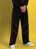 Genz-classic Men's Cotton Straight Fit Track Pants with Contrast Panel Stitch Design | Casual Streetwear | Black