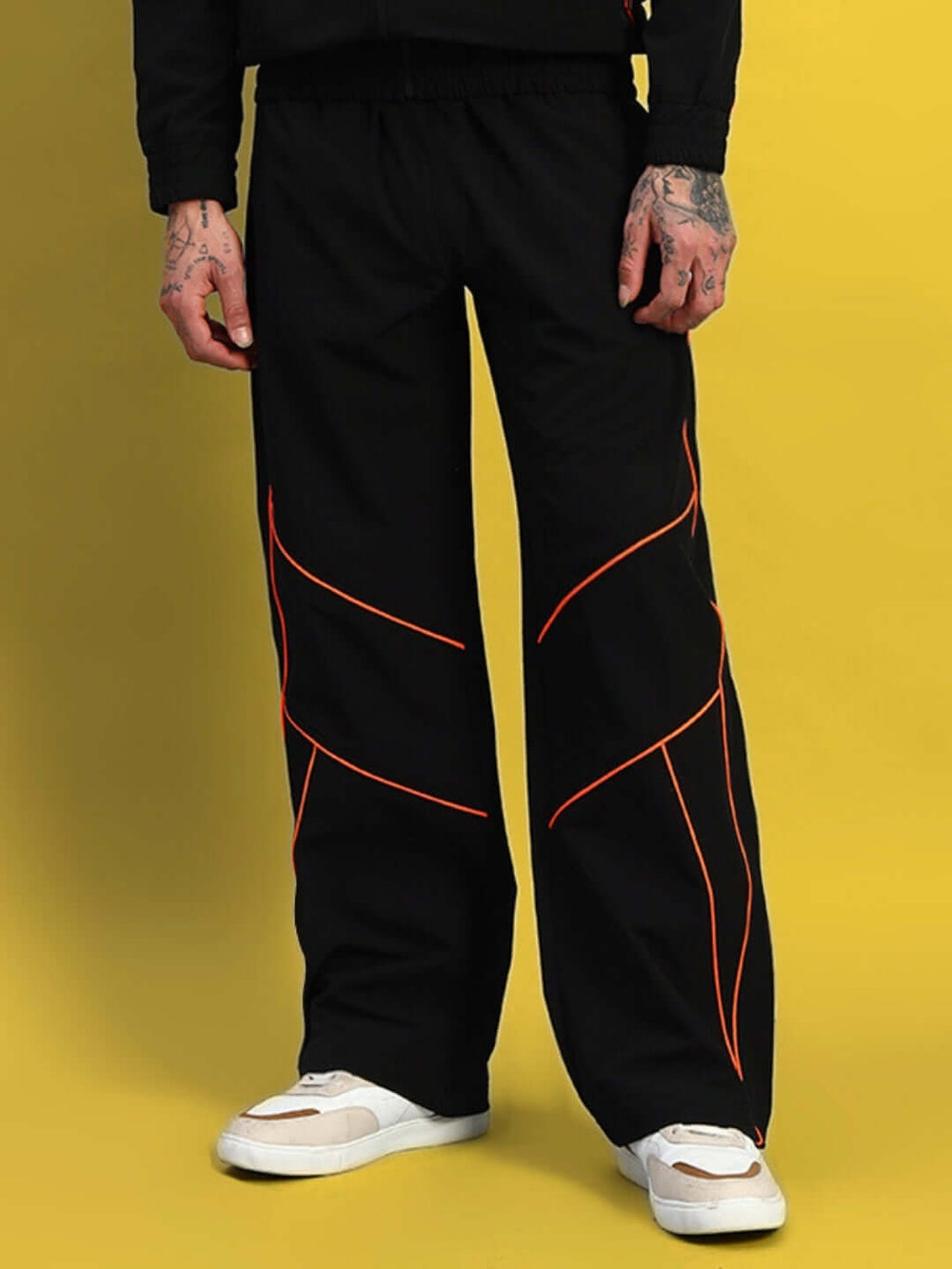 Genz-classic Men's Cotton Straight Fit Track Pants with Contrast Panel Stitch Design | Casual Streetwear | Black
