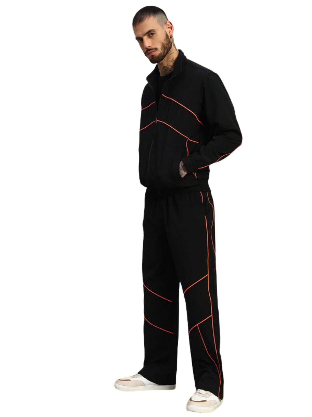 Genz-classic Men's Cotton Straight Fit Track Pants with Contrast Panel Stitch Design | Casual Streetwear | Black