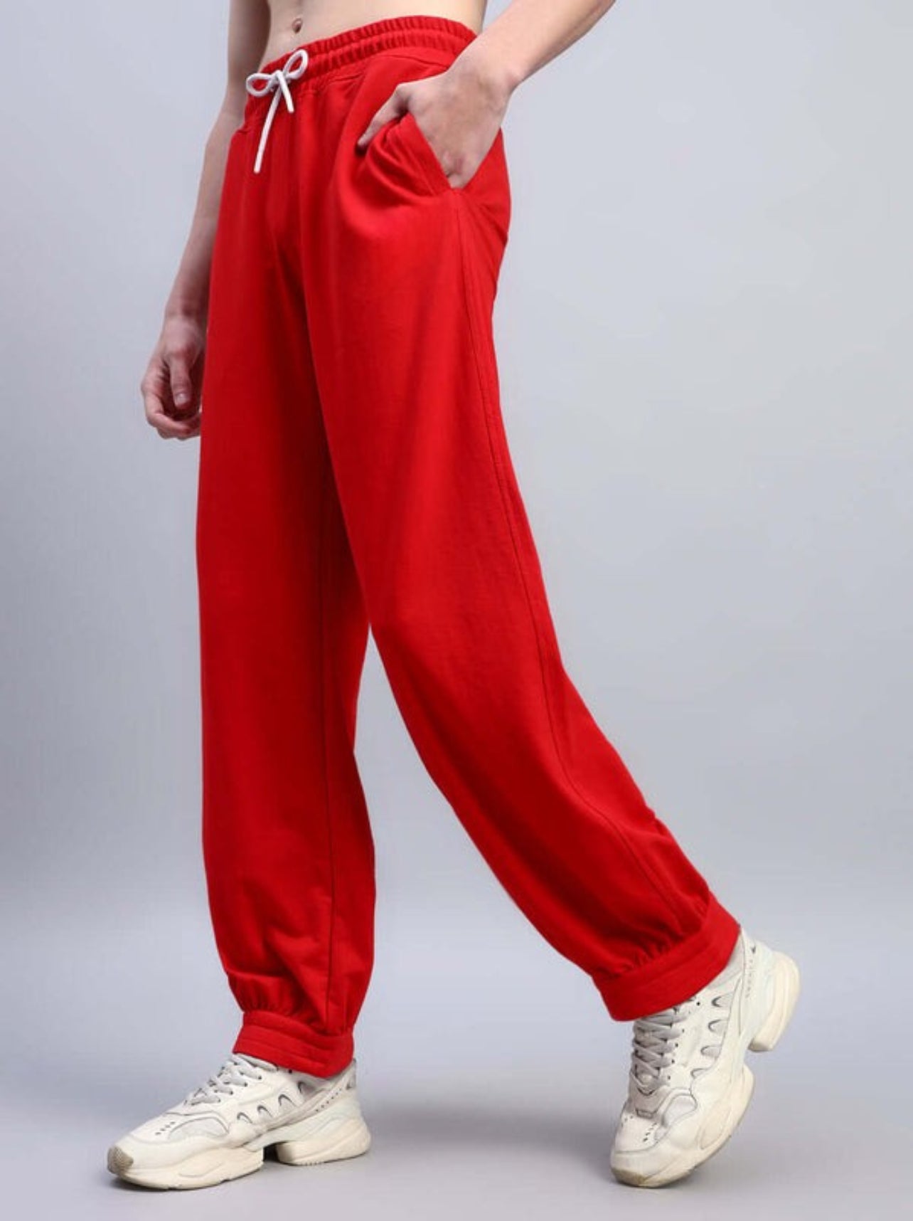 Genz-classic Men's Cotton Jogger Track Pants | Elastic Waist | Casual Gym & Lounge Wear | Red