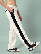 Genz-classic Men's Off White Cotton Track Pants | Black Side Panel | Regular Fit Casual Gym Bottom Wear