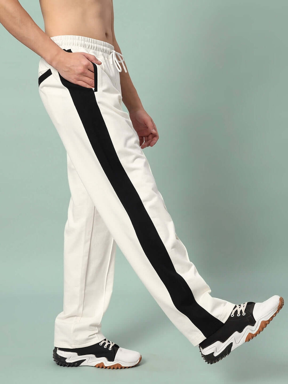 Genz-classic Men's Off White Cotton Track Pants | Black Side Panel | Regular Fit Casual Gym Bottom Wear