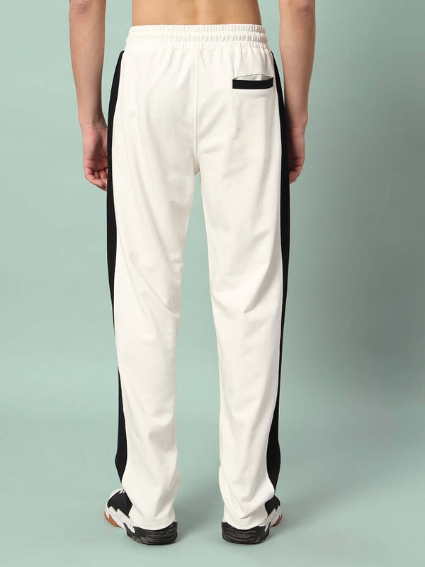 Genz-classic Men's Off White Cotton Track Pants | Black Side Panel | Regular Fit Casual Gym Bottom Wear