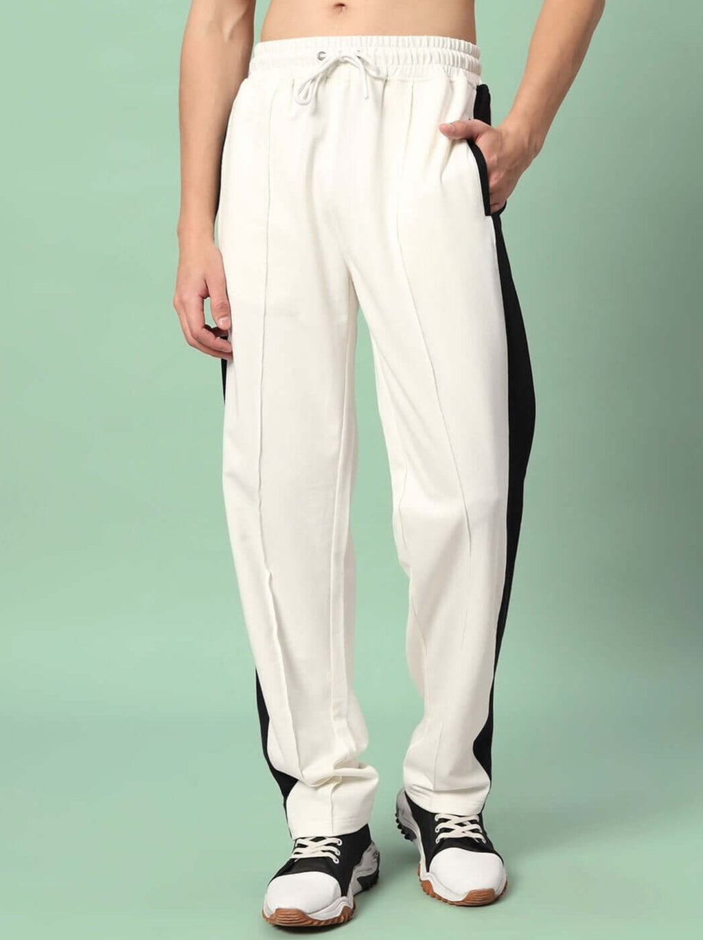Genz-classic Men's Off White Cotton Track Pants | Black Side Panel | Regular Fit Casual Gym Bottom Wear