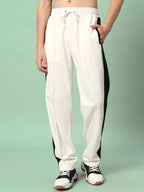 Genz-classic Men's Off White Cotton Track Pants | Black Side Panel | Regular Fit Casual Gym Bottom Wear