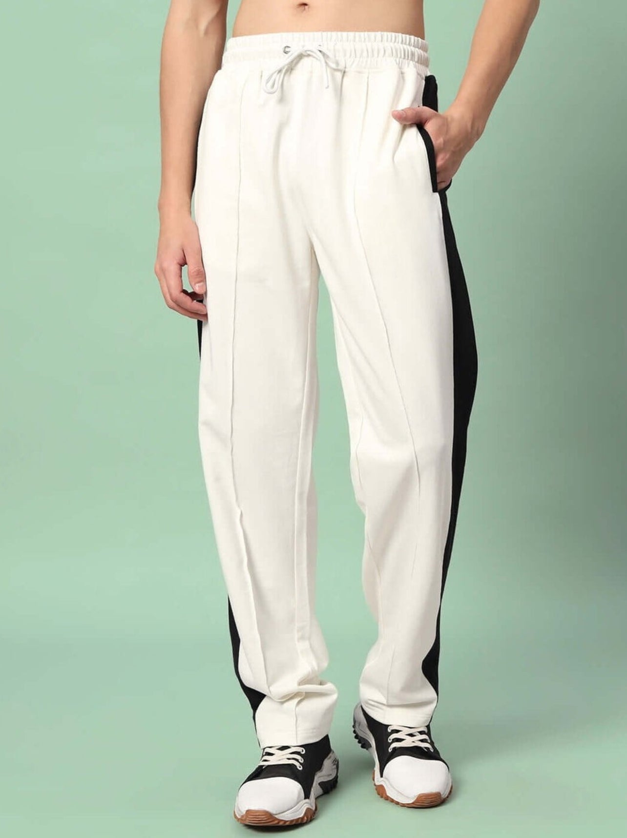 Genz-classic Men's Off White Cotton Track Pants | Black Side Panel | Regular Fit Casual Gym Bottom Wear