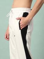 Genz-classic Men's Off White Cotton Track Pants | Black Side Panel | Regular Fit Casual Gym Bottom Wear