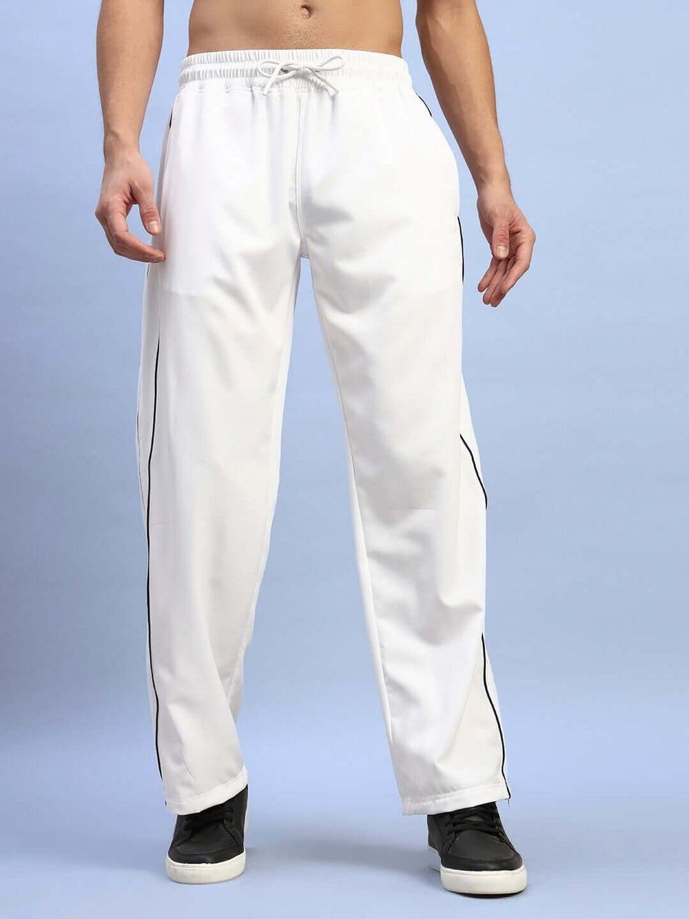 Genz-classic Men's White Cotton Track Pants | Straight Fit with Black Side Piping | Casual & Sports Lower