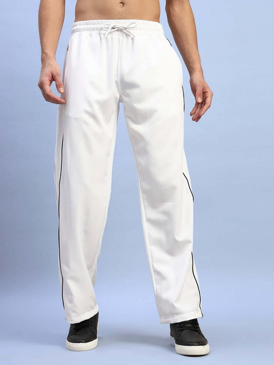 Genz-classic Men's White Cotton Track Pants | Straight Fit with Black Side Piping | Casual & Sports Lower