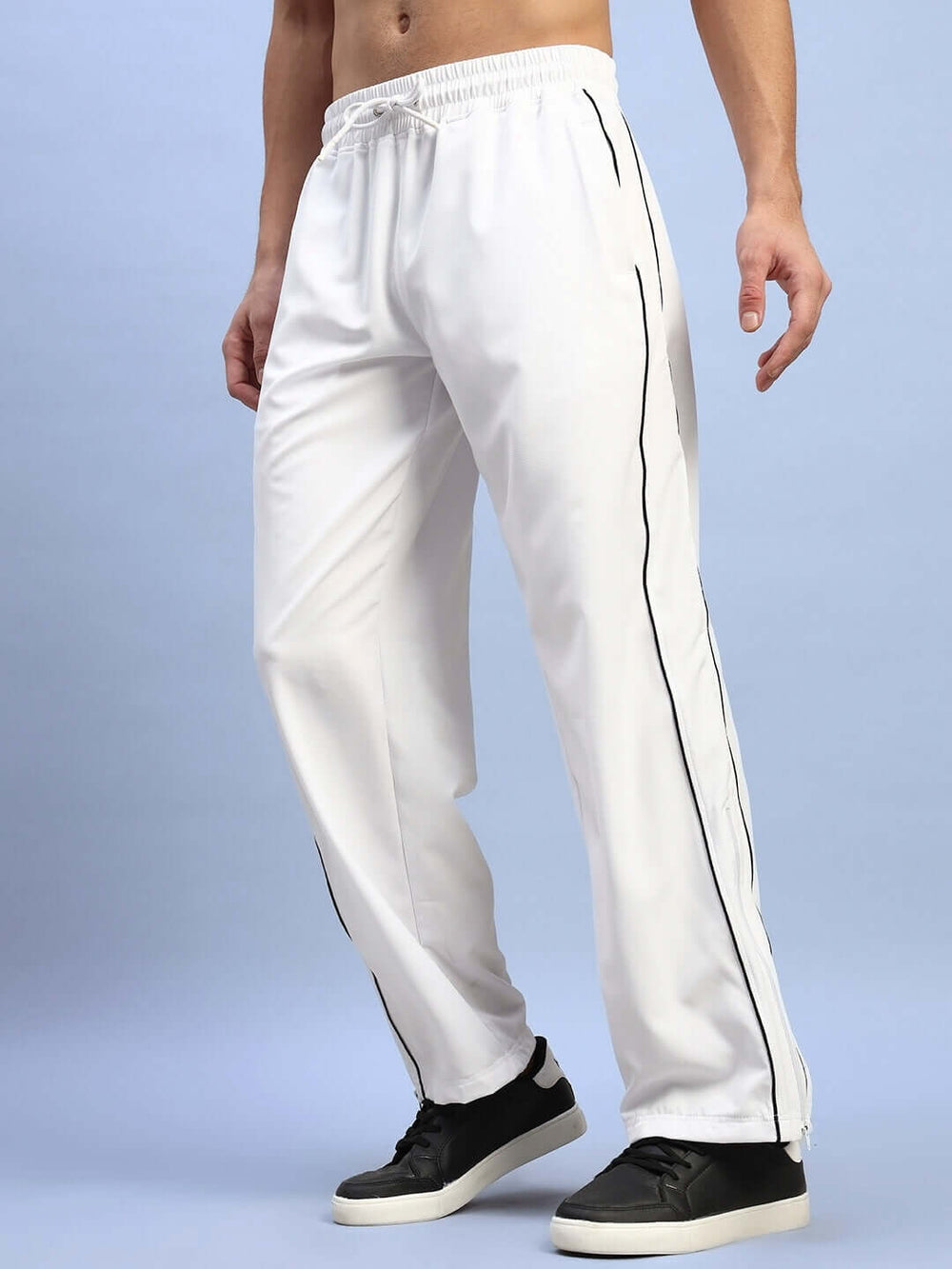 Genz-classic Men's White Cotton Track Pants | Straight Fit with Black Side Piping | Casual & Sports Lower