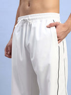 Genz-classic Men's White Cotton Track Pants | Straight Fit with Black Side Piping | Casual & Sports Lower