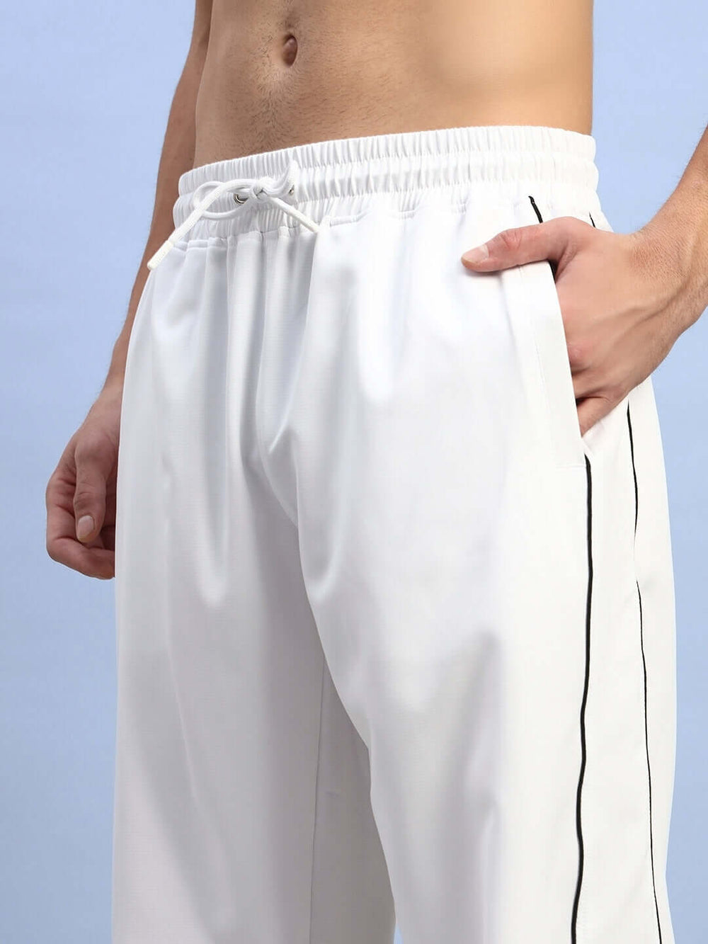 Genz-classic Men's White Cotton Track Pants | Straight Fit with Black Side Piping | Casual & Sports Lower