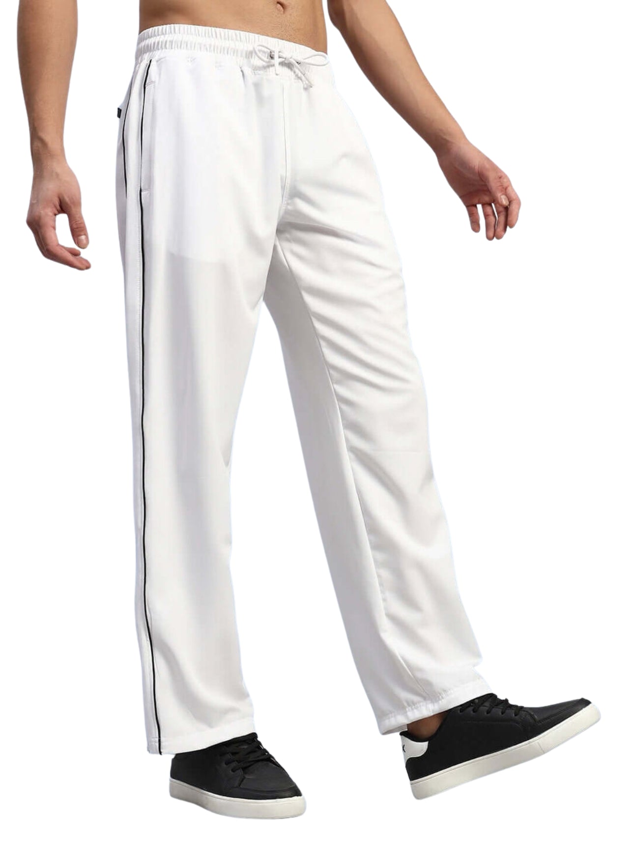 Genz-classic Men's White Cotton Track Pants | Straight Fit with Black Side Piping | Casual & Sports Lower