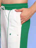 Genz-classic Men's White Green Panel Cotton Track Pants | Regular Fit Sports Joggers | Casual Athletic Bottom Wear