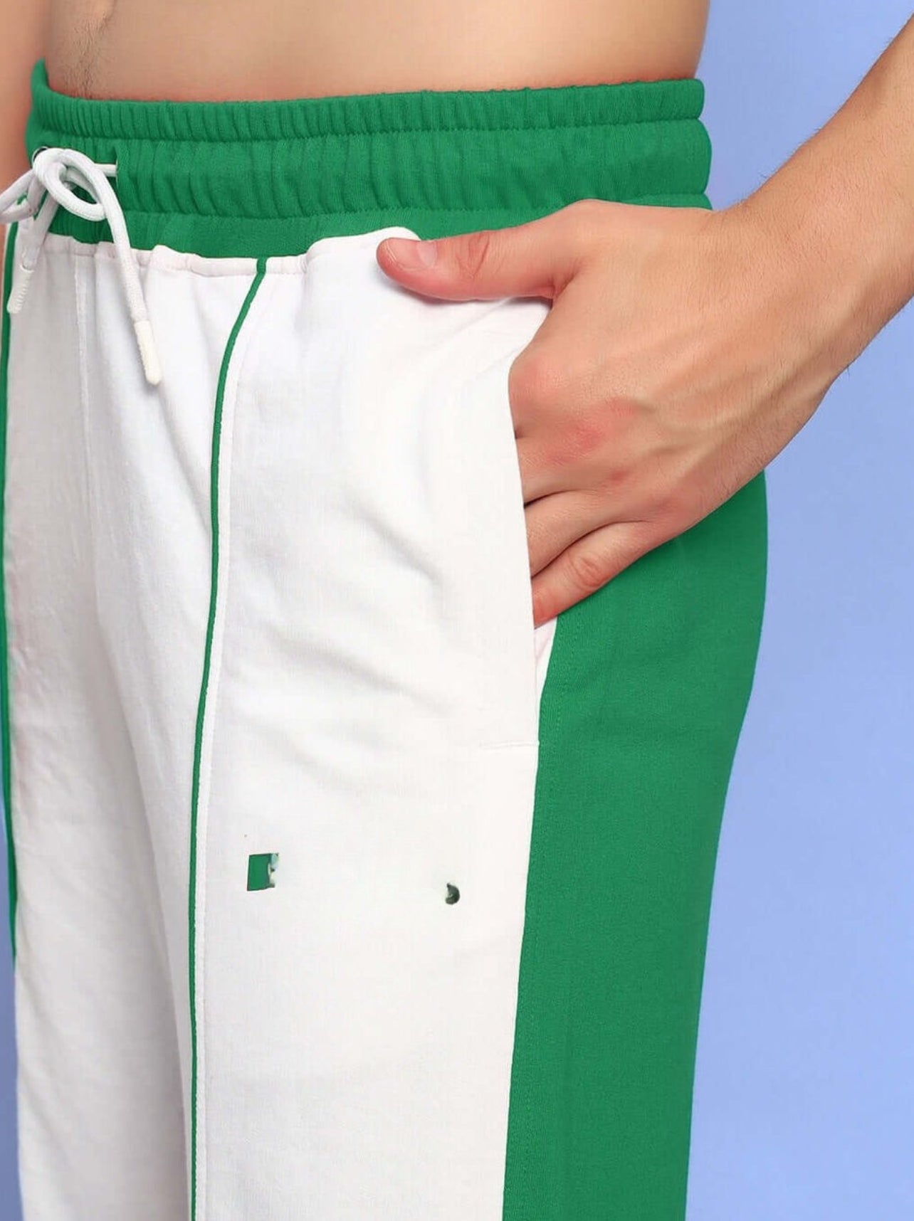 Genz-classic Men's White Green Panel Cotton Track Pants | Regular Fit Sports Joggers | Casual Athletic Bottom Wear