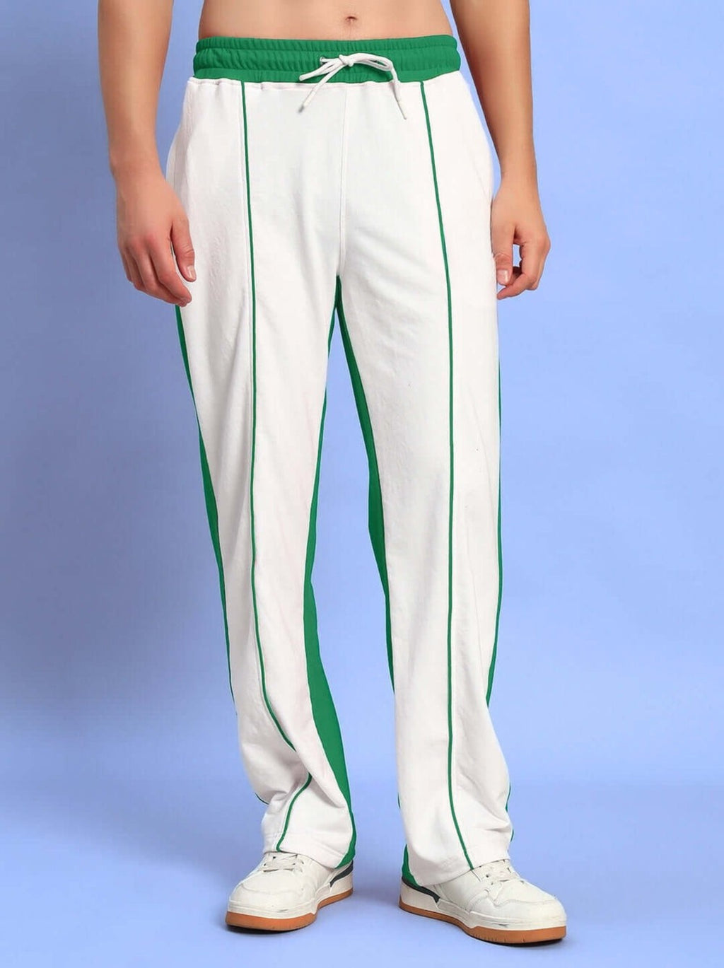 Genz-classic Men's White Green Panel Cotton Track Pants | Regular Fit Sports Joggers | Casual Athletic Bottom Wear
