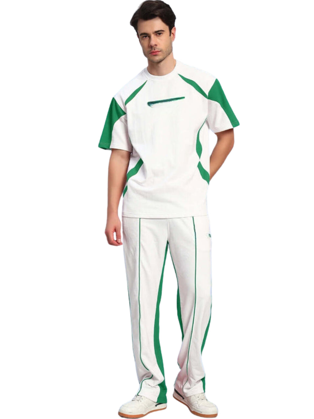 Genz-classic Men's White Green Panel Cotton Track Pants | Regular Fit Sports Joggers | Casual Athletic Bottom Wear