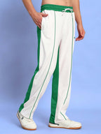 Genz-classic Men's White Green Panel Cotton Track Pants | Regular Fit Sports Joggers | Casual Athletic Bottom Wear