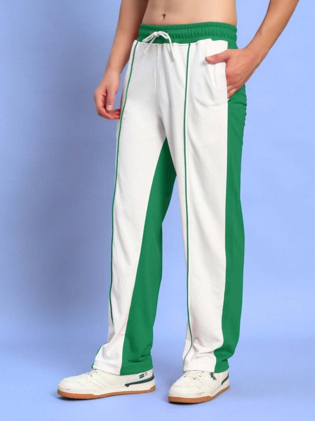 Genz-classic Men's White Green Panel Cotton Track Pants | Regular Fit Sports Joggers | Casual Athletic Bottom Wear