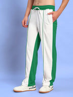 Genz-classic Men's White Green Panel Cotton Track Pants | Regular Fit Sports Joggers | Casual Athletic Bottom Wear