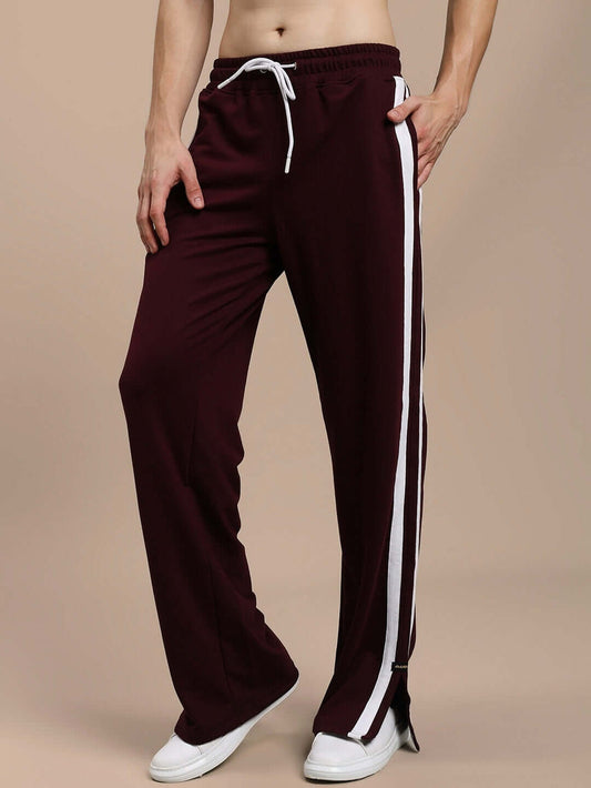 Genz-classic Men's Cotton Straight Fit Track Pants | Maroon Solid | Side Zip Hem | Casual Lounge Wear & Streetwear