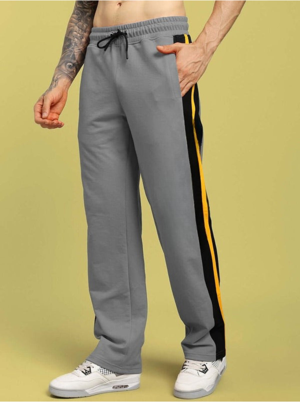 Genz-classic Men's Cotton Straight Fit Track Pants with Contrast Side Stripe | Casual Sports & Lounge Wear | Grey