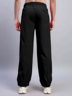 Genz-classic Men's Cotton Wide Leg Track Pants | Solid Black Relaxed Fit | Casual Lounge & Streetwear Bottom
