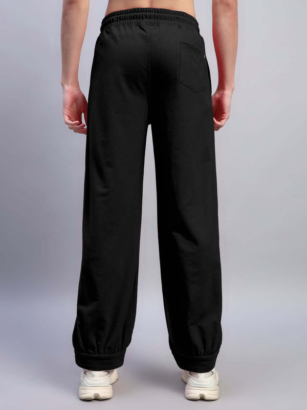 Genz-classic Men's Cotton Wide Leg Track Pants | Solid Black Relaxed Fit | Casual Lounge & Streetwear Bottom