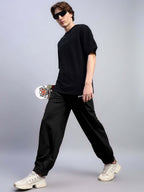 Genz-classic Men's Cotton Wide Leg Track Pants | Solid Black Relaxed Fit | Casual Lounge & Streetwear Bottom