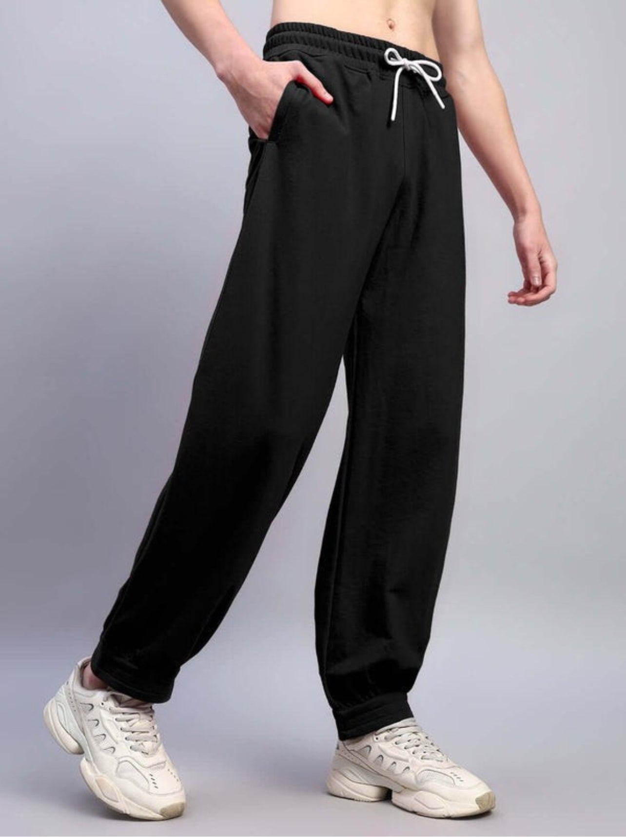 Genz-classic Men's Cotton Wide Leg Track Pants | Solid Black Relaxed Fit | Casual Lounge & Streetwear Bottom