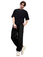 Genz-classic Men's Cotton Wide Leg Track Pants | Solid Black Relaxed Fit | Casual Lounge & Streetwear Bottom