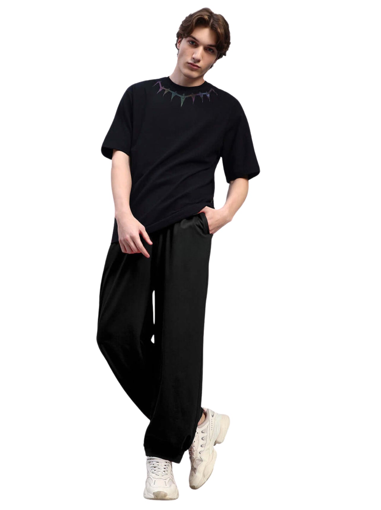 Genz-classic Men's Cotton Wide Leg Track Pants | Solid Black Relaxed Fit | Casual Lounge & Streetwear Bottom