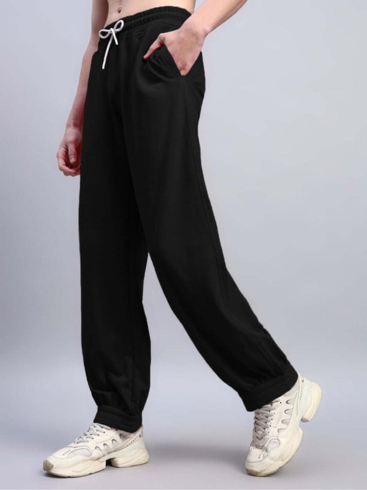 Genz-classic Men's Cotton Wide Leg Track Pants | Solid Black Relaxed Fit | Casual Lounge & Streetwear Bottom