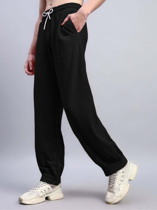 Genz-classic Men's Cotton Wide Leg Track Pants | Solid Black Relaxed Fit | Casual Lounge & Streetwear Bottom