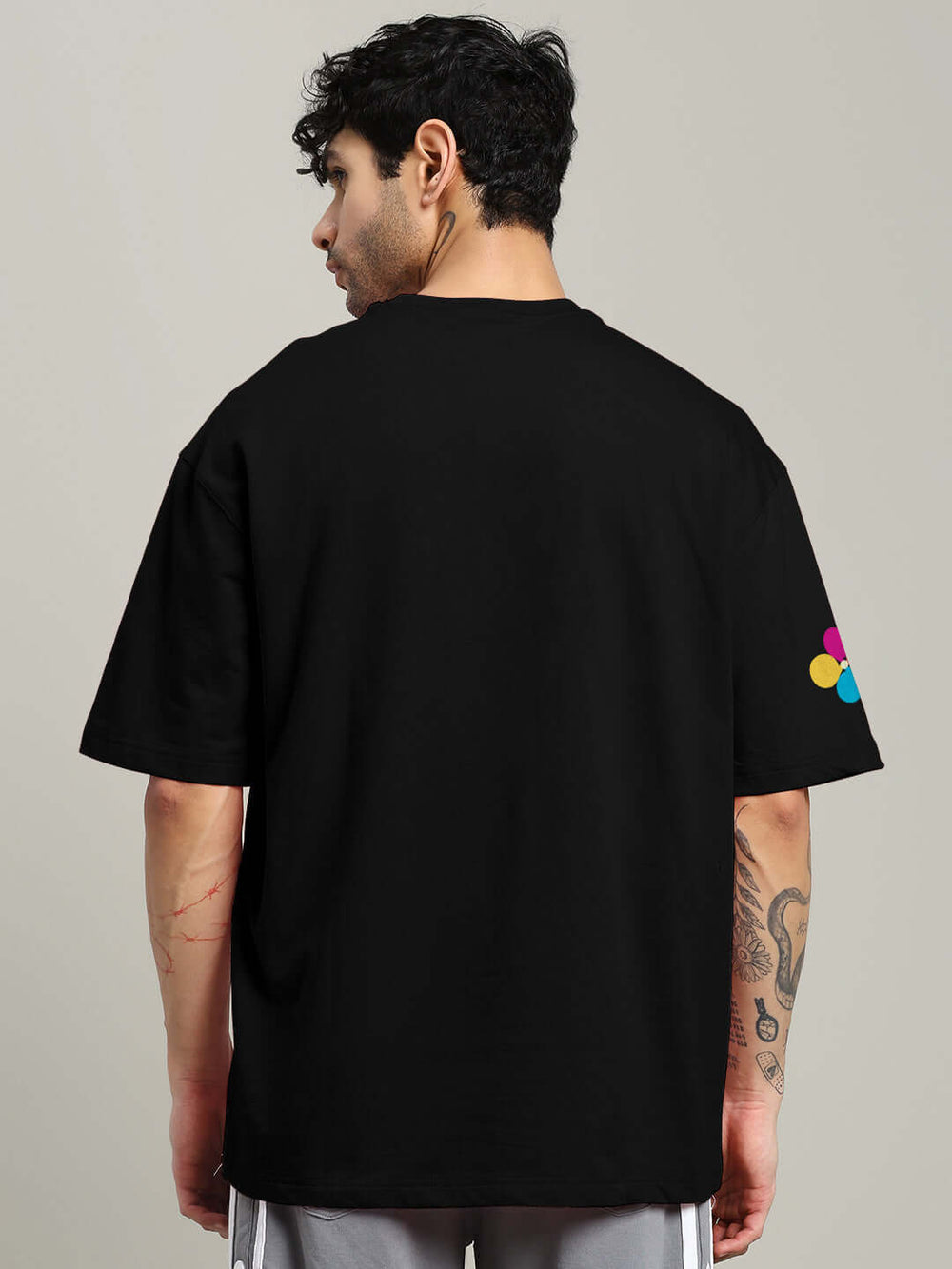 Genz-Classic Men's Black Oversized Multi Stripe Logo Print Cotton T-Shirt